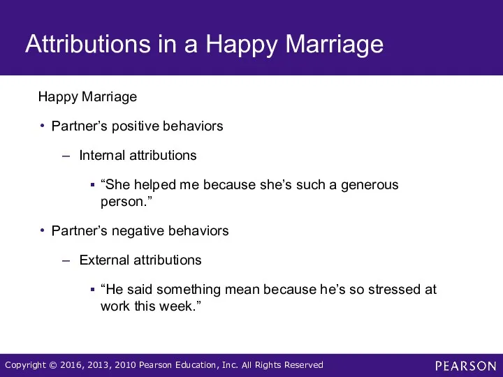 Attributions in a Happy Marriage Happy Marriage Partner’s positive behaviors