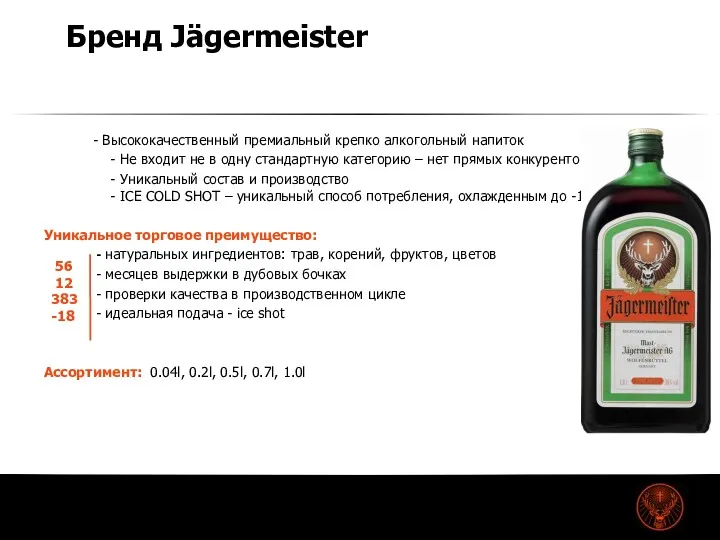 Бренд Jägermeister - Высококачественный премиальный крепко алкогольный напиток - Не входит не в