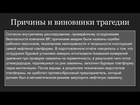 Причины и виновники трагедии Согласно внутреннему расследованию, проведённому сотрудниками безопасности