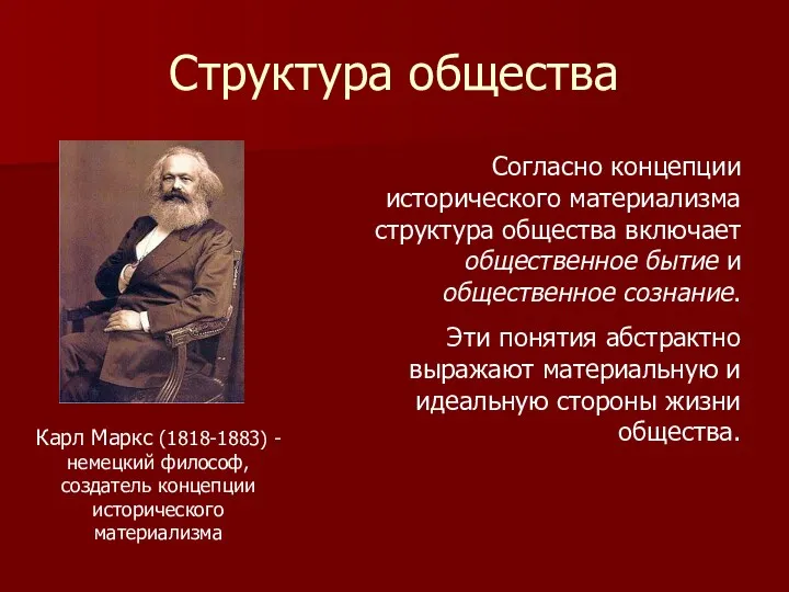 Структура общества Карл Маркс (1818-1883) - немецкий философ, создатель концепции
