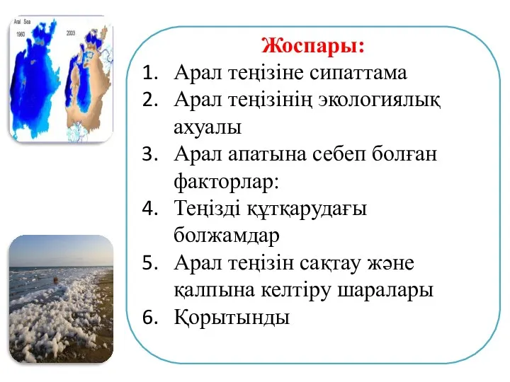 Жоспары: Арал теңізіне сипаттама Арал теңізінің экологиялық ахуалы Арал апатына