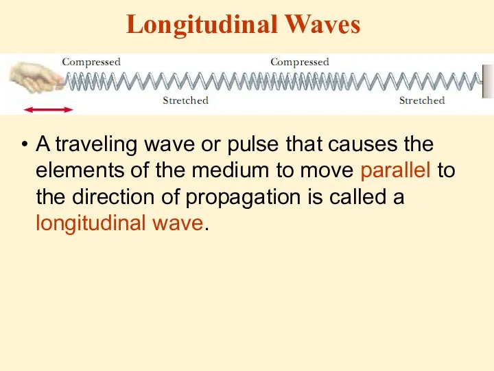 Longitudinal Waves A traveling wave or pulse that causes the