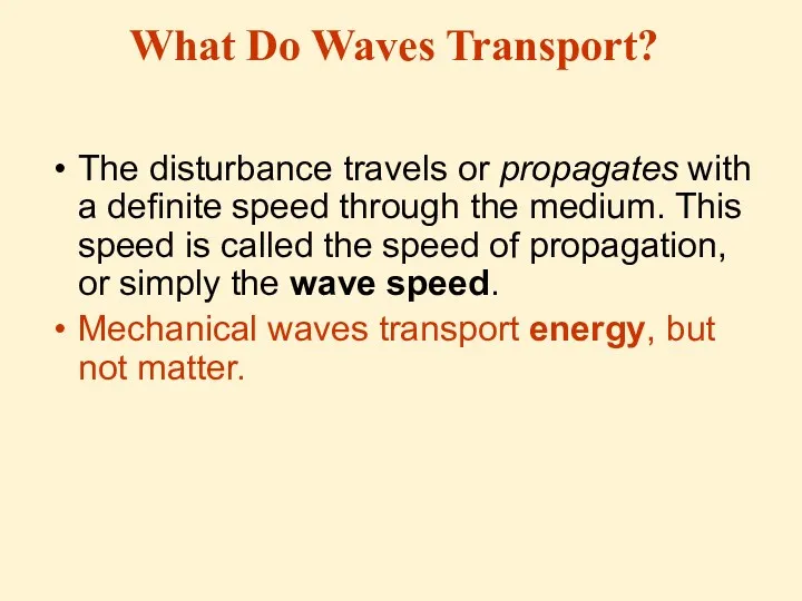 What Do Waves Transport? The disturbance travels or propagates with