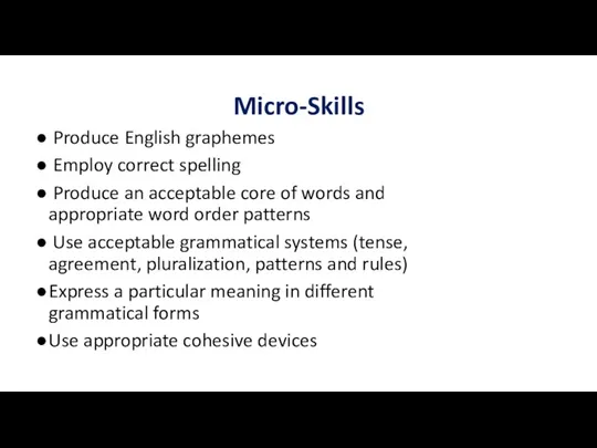 Micro-Skills Produce English graphemes Employ correct spelling Produce an acceptable