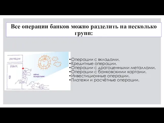 Все операции банков можно разделить на несколько групп: Операции с