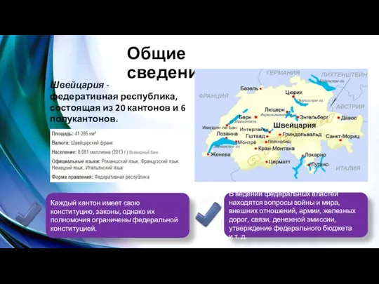Общие сведения Швейцария -федеративная республика, состоящая из 20 кантонов и