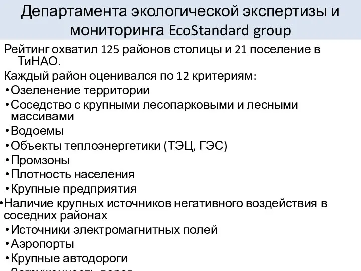 Департамента экологической экспертизы и мониторинга EcoStandard group Рейтинг охватил 125