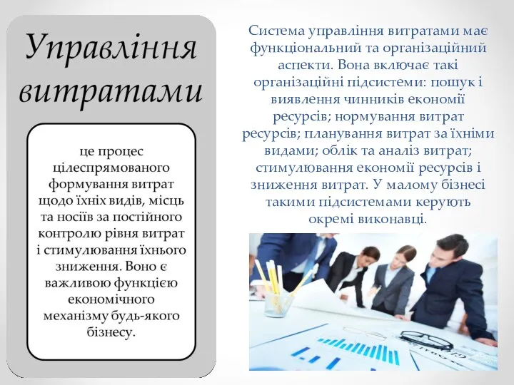 Система управління витратами має функціональний та організаційний аспекти. Вона включає