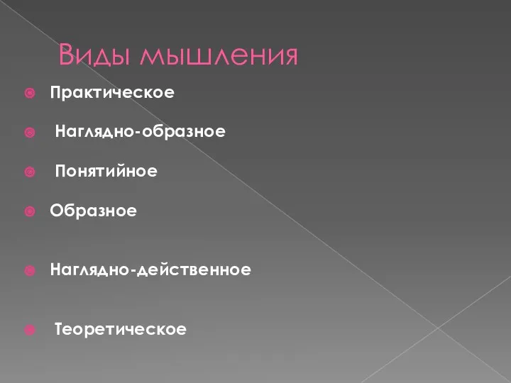 Виды мышления Практическое Наглядно-образное Понятийное Образное Наглядно-действенное Теоретическое