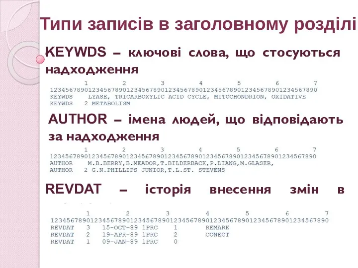 Типи записів в заголовному розділі KEYWDS – ключові слова, що