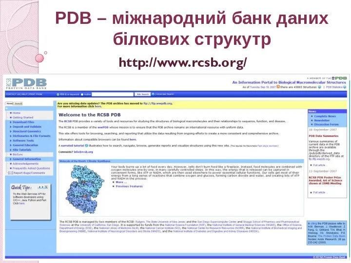 http://www.rcsb.org/ PDB – міжнародний банк даних білкових струкутр