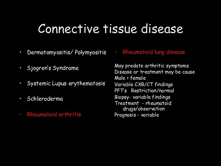 Connective tissue disease Dermatomyositis/ Polymyositis Sjogren’s Syndrome Systemic Lupus erythematosis
