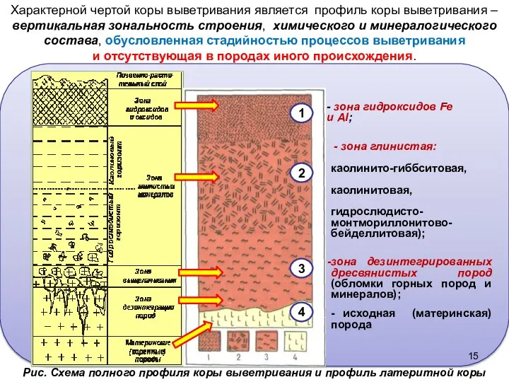 Рис. Схема полного профиля коры выветривания и профиль латеритной коры