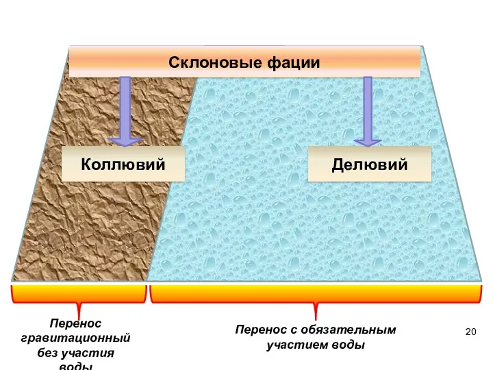 Склоновые фации Делювий Коллювий Перенос гравитационный без участия воды Перенос с обязательным участием воды