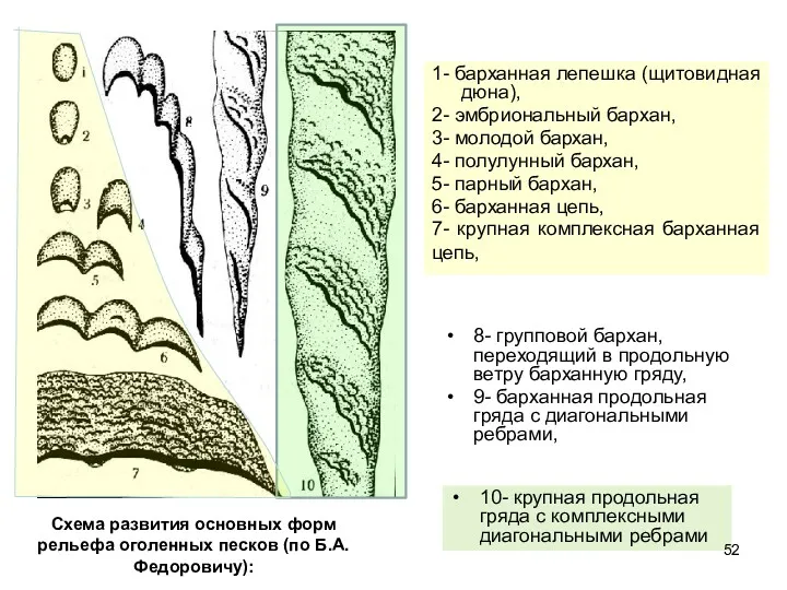 8- групповой бархан, переходящий в продольную ветру барханную гряду, 9-