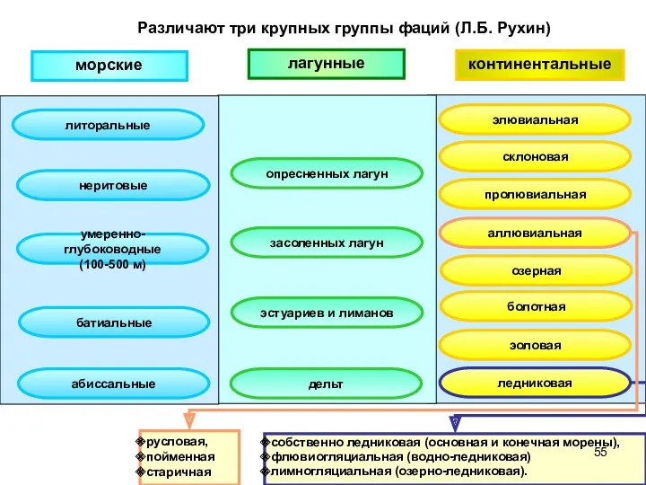 абиссальные морские лагунные континентальные Различают три крупных группы фаций (Л.Б.