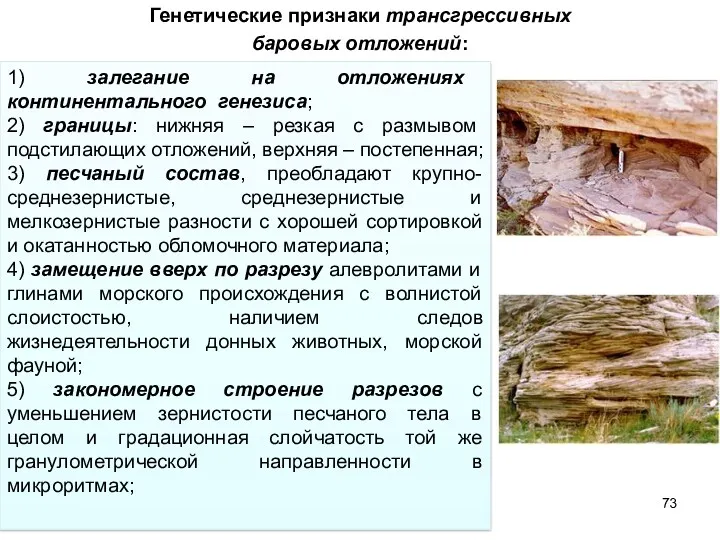 Генетические признаки трансгрессивных баровых отложений: 1) залегание на отложениях континентального