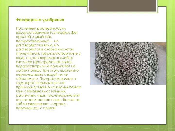 Фосфорные удобрения По степени растворимости: водорастворимые (суперфосфат простой и двойной);
