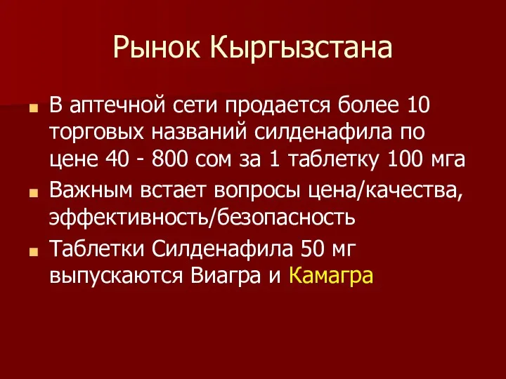 Рынок Кыргызстана В аптечной сети продается более 10 торговых названий