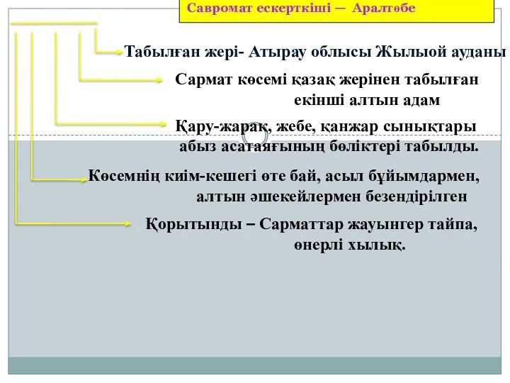 Савромат ескерткіші — Аралтөбе Табылған жері- Атырау облысы Жылыой ауданы