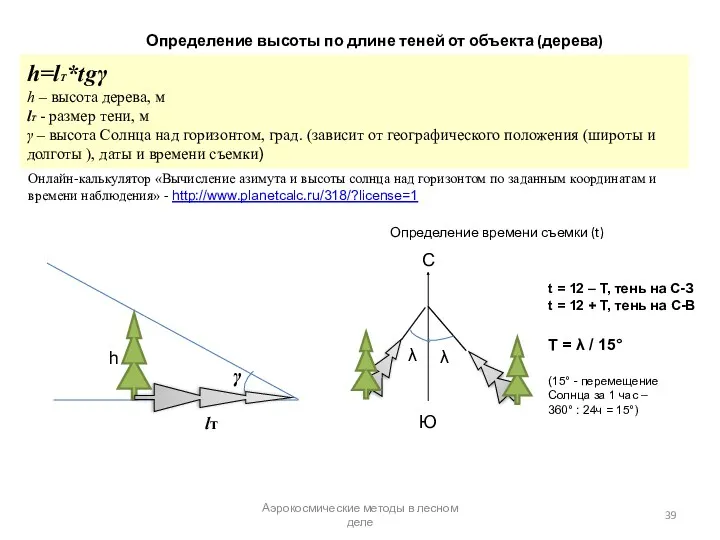 Определение высоты по длине теней от объекта (дерева) . h=lТ*tgγ h – высота