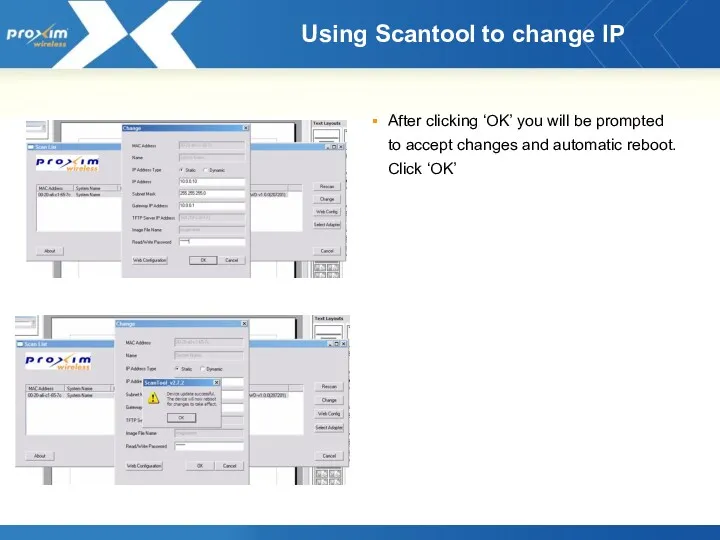 Using Scantool to change IP After clicking ‘OK’ you will