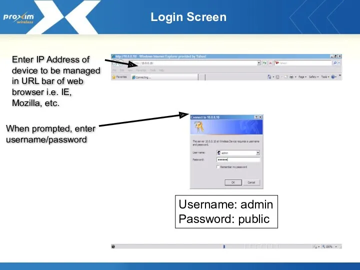 Login Screen Username: admin Password: public Enter IP Address of