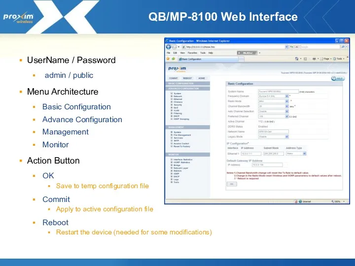 QB/MP-8100 Web Interface UserName / Password admin / public Menu