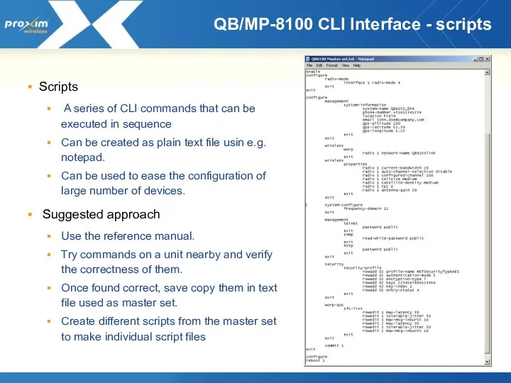 QB/MP-8100 CLI Interface - scripts Scripts A series of CLI