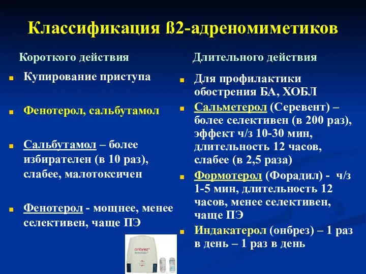 Классификация ß2-адреномиметиков Короткого действия Купирование приступа Фенотерол, сальбутамол Сальбутамол –