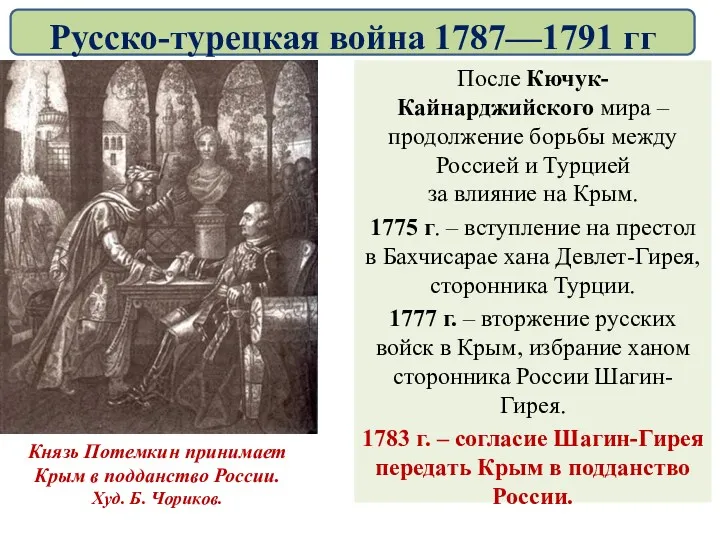 После Кючук-Кайнарджийского мира – продолжение борьбы между Россией и Турцией