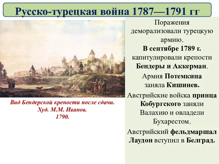 Поражения деморализовали турецкую армию. В сентябре 1789 г. капитулировали крепости