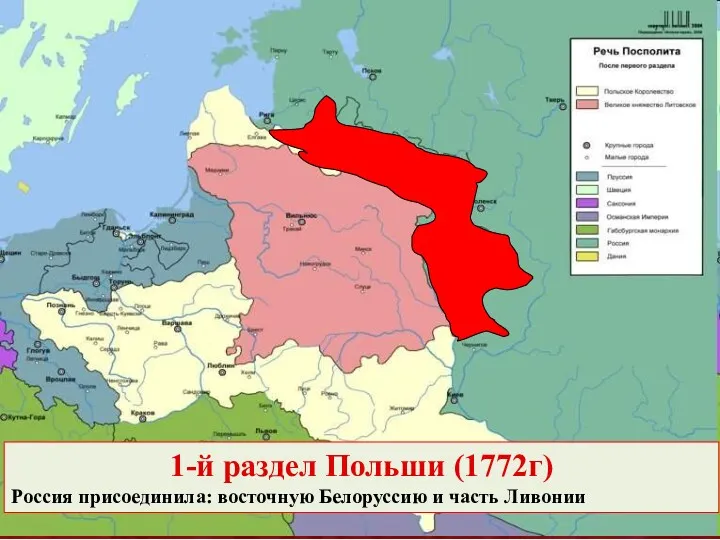 1-й раздел Польши (1772г) Россия присоединила: восточную Белоруссию и часть Ливонии