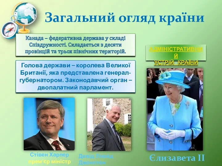 Загальний огляд країни Єлизавета ІІ АДМІНІСТРАТИВНИЙ УСТРІЙ КРАЇНИ Канада –