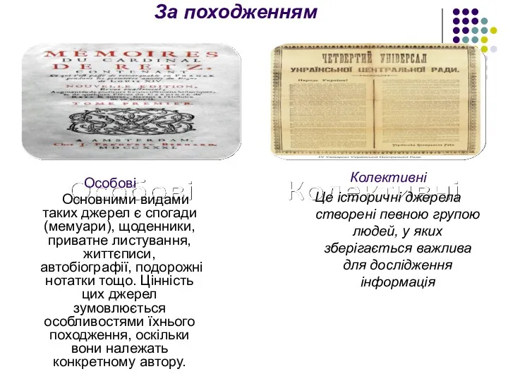 За походженням Особові Основними видами таких джерел є спогади (мемуари),