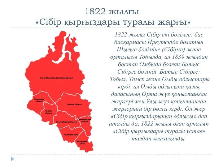 1822 жылғы «Сібір қырғыздары туралы жарғы» 1822 жылы Сібір екі
