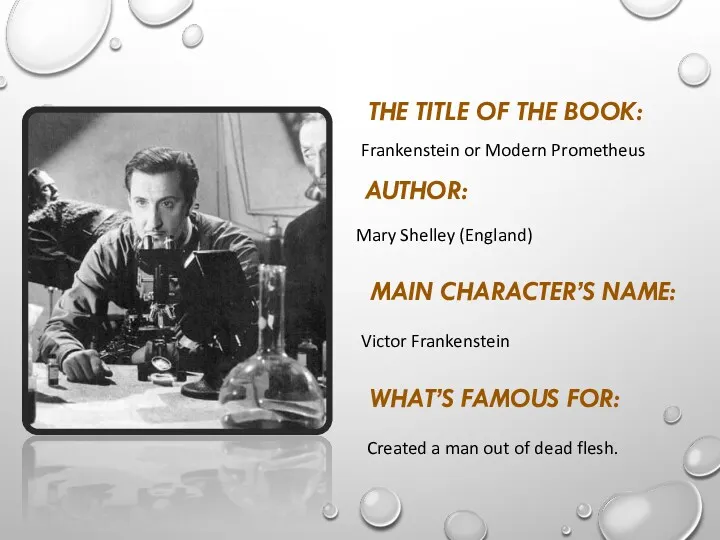 THE TITLE OF THE BOOK: AUTHOR: MAIN CHARACTER’S NAME: WHAT’S FAMOUS FOR: Frankenstein