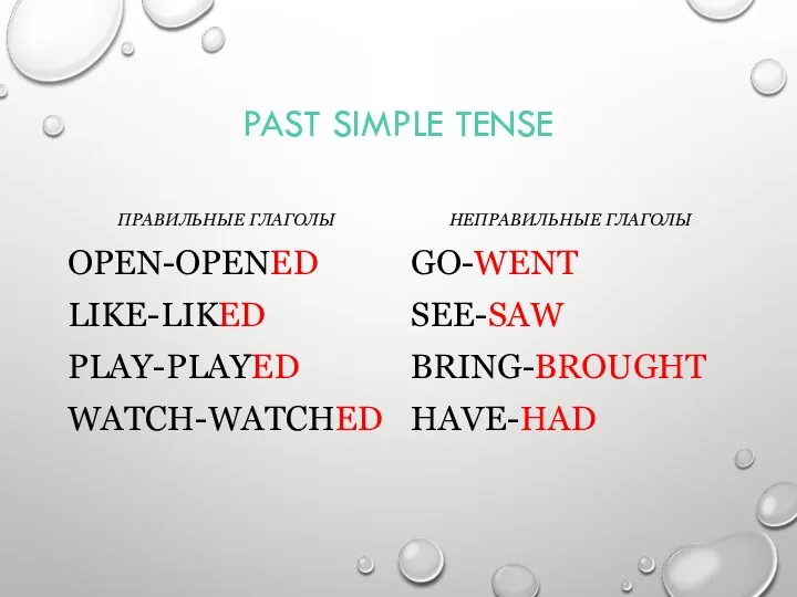 PAST SIMPLE TENSE ПРАВИЛЬНЫЕ ГЛАГОЛЫ OPEN-OPENED LIKE-LIKED PLAY-PLAYED WATCH-WATCHED НЕПРАВИЛЬНЫЕ ГЛАГОЛЫ GO-WENT SEE-SAW BRING-BROUGHT HAVE-HAD