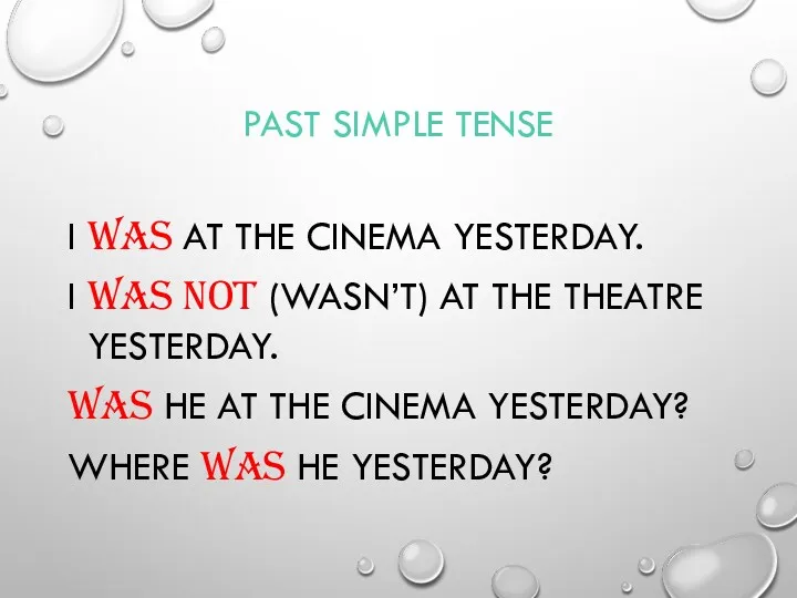 PAST SIMPLE TENSE I WAS AT THE CINEMA YESTERDAY. I WAS NOT (WASN’T)