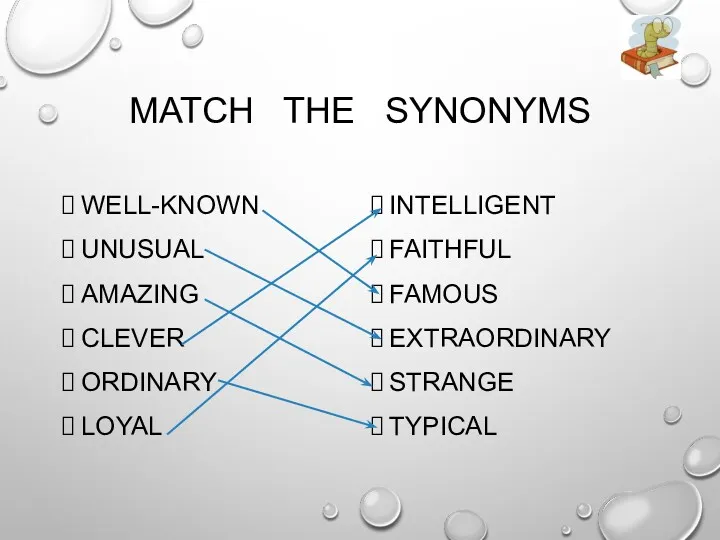 MATCH THE SYNONYMS WELL-KNOWN UNUSUAL AMAZING CLEVER ORDINARY LOYAL INTELLIGENT FAITHFUL FAMOUS EXTRAORDINARY STRANGE TYPICAL