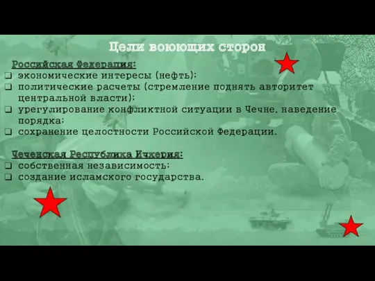 Цели воюющих сторон Российская Федерация: экономические интересы (нефть); политические расчеты