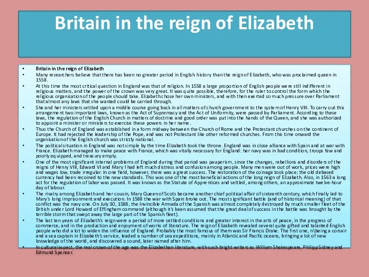 Britain in the reign of Elizabeth Britain in the reign