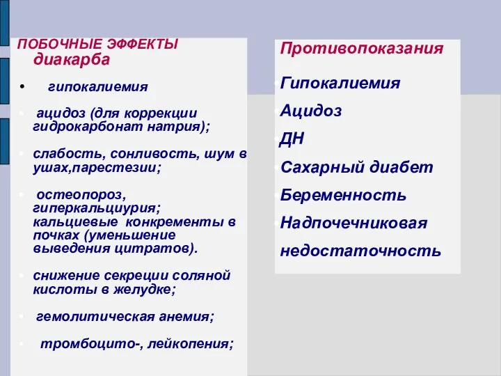 ПОБОЧНЫЕ ЭФФЕКТЫ диакарба гипокалиемия ацидоз (для коррекции гидрокарбонат натрия); слабость,