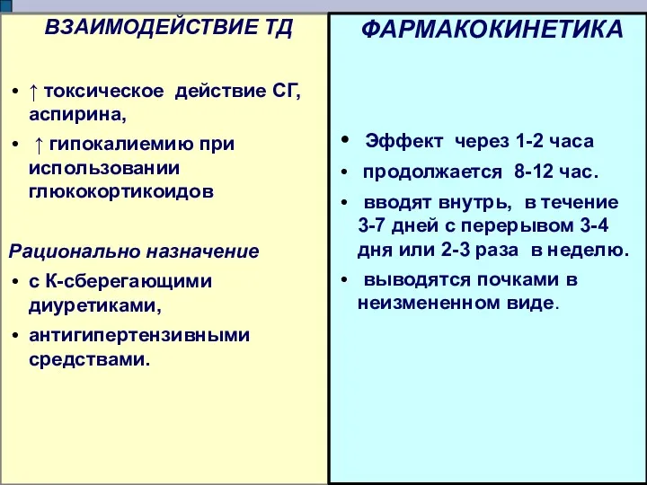 ВЗАИМОДЕЙСТВИЕ ТД ↑ токсическое действие СГ, аспирина, ↑ гипокалиемию при