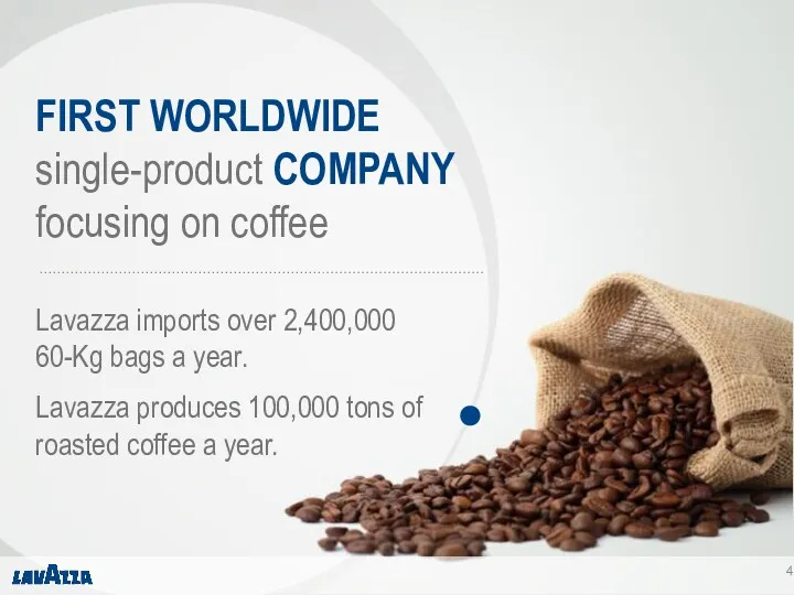 FIRST WORLDWIDE single-product COMPANY focusing on coffee Lavazza imports over