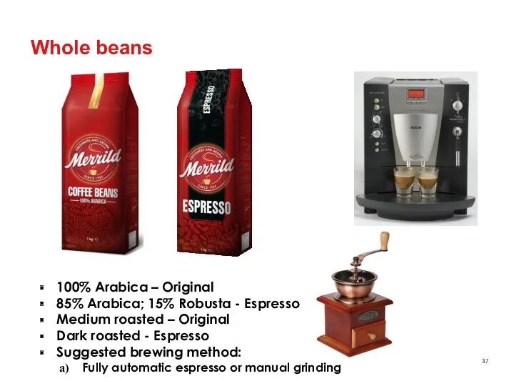 Whole beans 100% Arabica – Original 85% Arabica; 15% Robusta