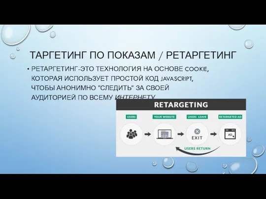 ТАРГЕТИНГ ПО ПОКАЗАМ / РЕТАРГЕТИНГ РЕТАРГЕТИНГ-ЭТО ТЕХНОЛОГИЯ НА ОСНОВЕ COOKIE,