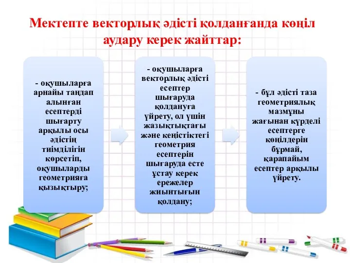 Мектепте векторлық әдісті қолданғанда көңіл аудару керек жайттар: