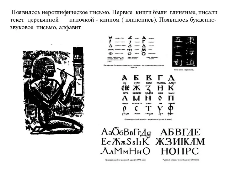 Появилось иероглифическое письмо. Первые книги были глиняные, писали текст деревянной