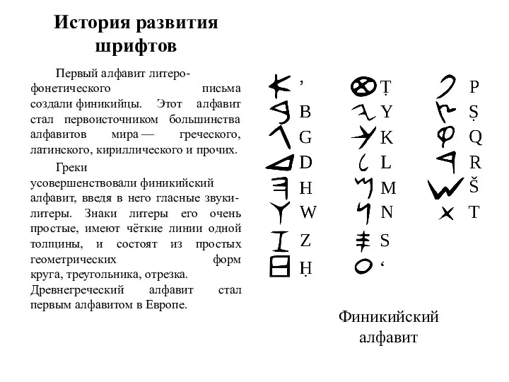 История развития шрифтов Первый алфавит литеро-фонетического письма создали финикийцы. Этот